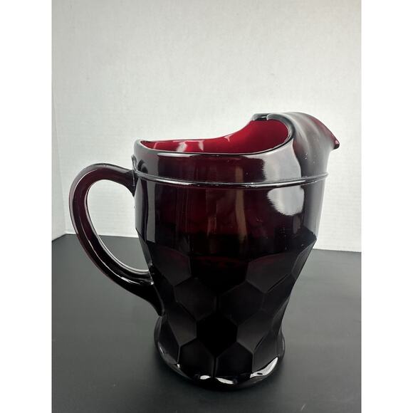 Vintage Ruby Red Georgian Honeycomb Viking 4" Glass Pitcher And 4 Tumblers - Picture 8 of 9